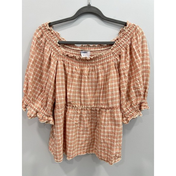 Old Navy Gingham Check Off Shoulder Peasant Top Orange Cottagecore Medium - Picture 1 of 8